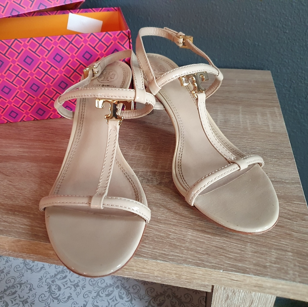 Tory Burch Buckle Logo Strappy Sandal Heels